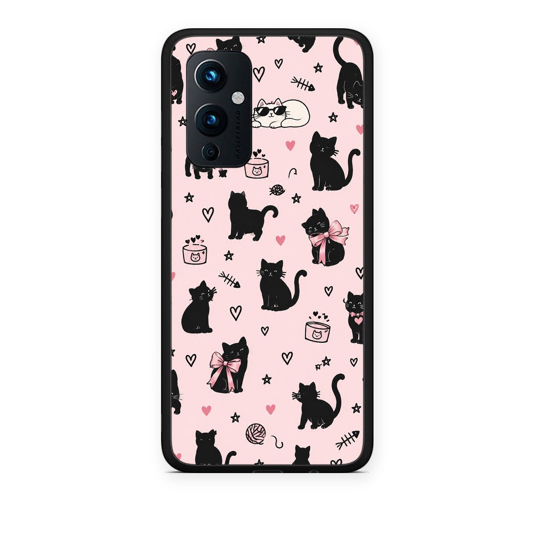 Θήκη OnePlus 9 Black Cat Doodles on Pink από τη Smartfits με σχέδιο στο πίσω μέρος και μαύρο περίβλημα | OnePlus 9 Black Cat Doodles on Pink case with colorful back and black bezels