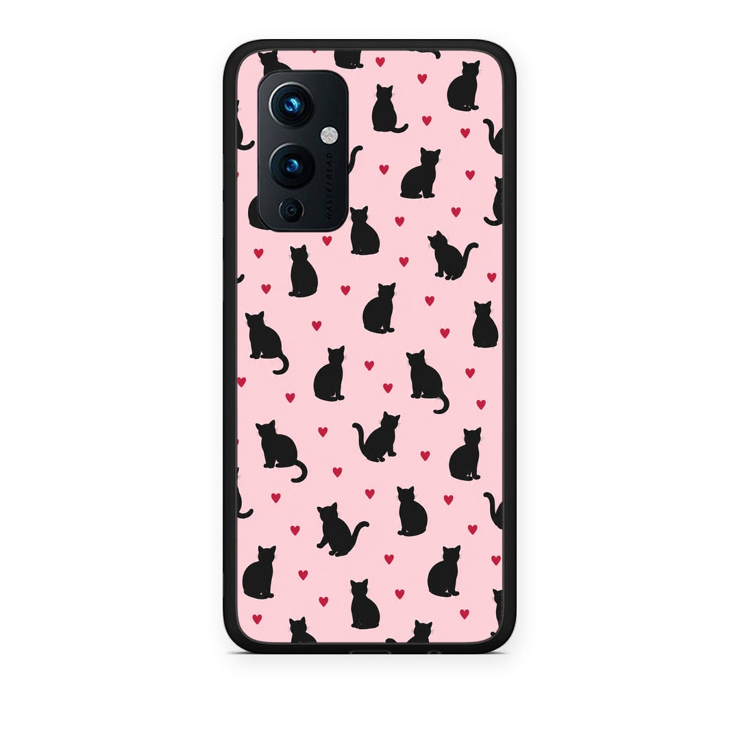 Θήκη OnePlus 9 Black Cat Silhouettes and Hearts on Pink από τη Smartfits με σχέδιο στο πίσω μέρος και μαύρο περίβλημα | OnePlus 9 Black Cat Silhouettes and Hearts on Pink case with colorful back and black bezels