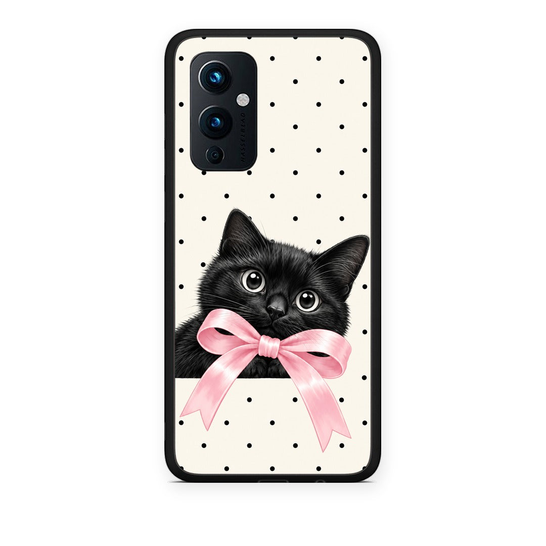 Θήκη OnePlus 9 Black Kitten Pink Bow and Polka Dots από τη Smartfits με σχέδιο στο πίσω μέρος και μαύρο περίβλημα | OnePlus 9 Black Kitten Pink Bow and Polka Dots case with colorful back and black bezels