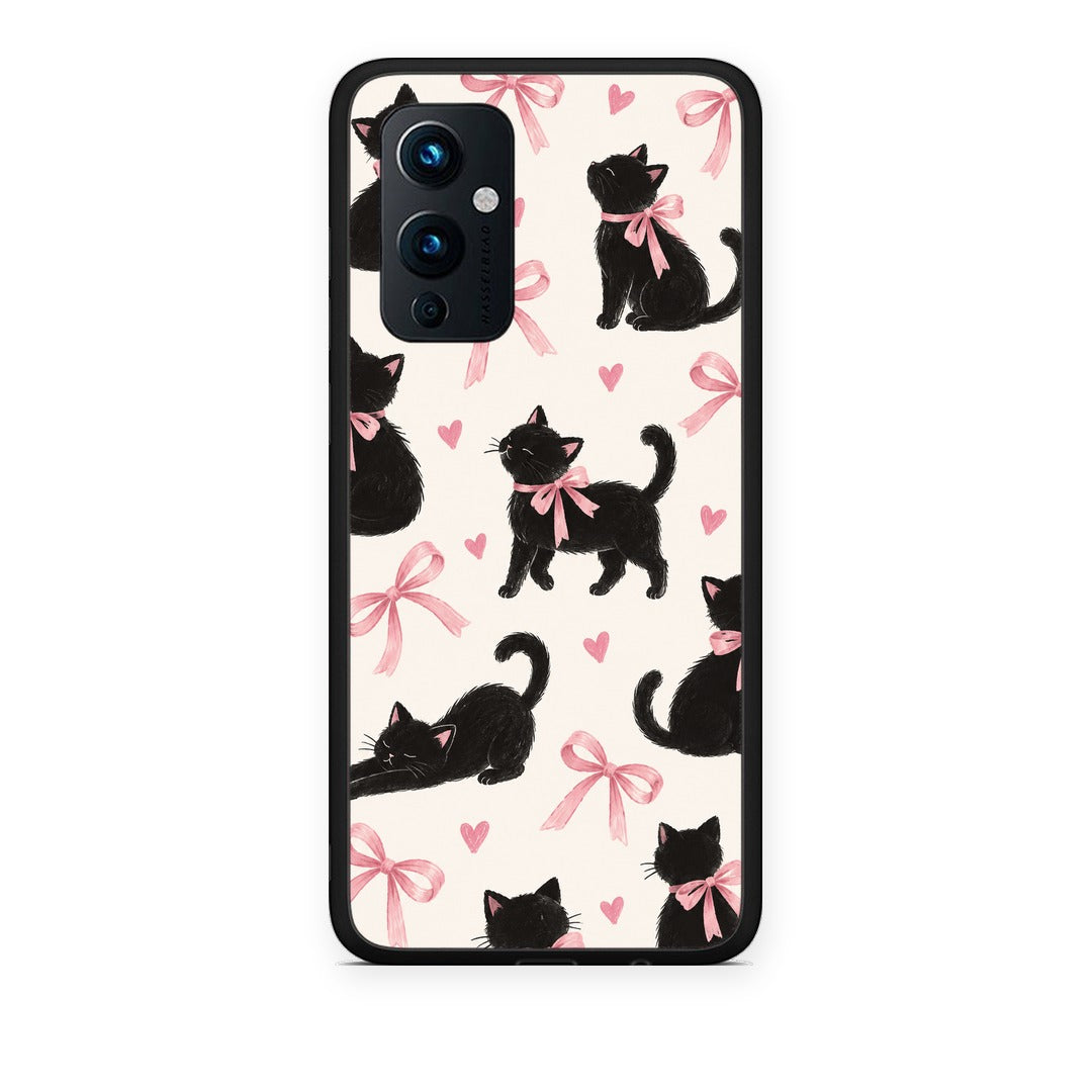 Θήκη OnePlus 9 Black Kittens and Pink Bows on Cream Large από τη Smartfits με σχέδιο στο πίσω μέρος και μαύρο περίβλημα | OnePlus 9 Black Kittens and Pink Bows on Cream Large case with colorful back and black bezels