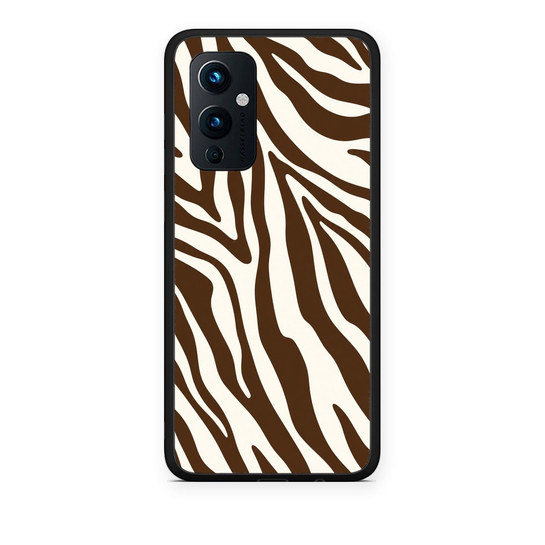 Θήκη OnePlus 9 Brown and Cream Zebra Stripes από τη Smartfits με σχέδιο στο πίσω μέρος και μαύρο περίβλημα | OnePlus 9 Brown and Cream Zebra Stripes case with colorful back and black bezels