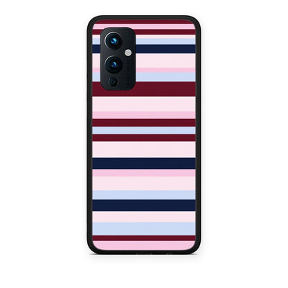Θήκη OnePlus 9 Burgundy Pink and Blue Horizontal Stripes από τη Smartfits με σχέδιο στο πίσω μέρος και μαύρο περίβλημα | OnePlus 9 Burgundy Pink and Blue Horizontal Stripes case with colorful back and black bezels