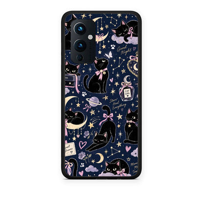 Θήκη OnePlus 9 Celestial Black Cats on Navy από τη Smartfits με σχέδιο στο πίσω μέρος και μαύρο περίβλημα | OnePlus 9 Celestial Black Cats on Navy case with colorful back and black bezels