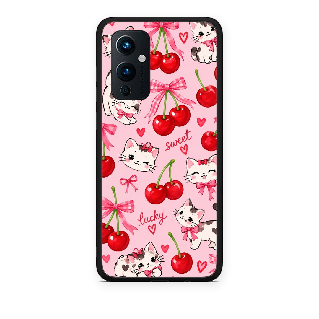 Θήκη OnePlus 9 Cherries Bows and Kittens on Pink από τη Smartfits με σχέδιο στο πίσω μέρος και μαύρο περίβλημα | OnePlus 9 Cherries Bows and Kittens on Pink case with colorful back and black bezels