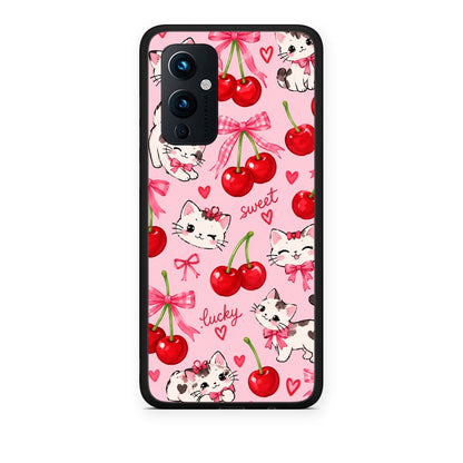 Θήκη OnePlus 9 Cherries Bows and Kittens on Pink από τη Smartfits με σχέδιο στο πίσω μέρος και μαύρο περίβλημα | OnePlus 9 Cherries Bows and Kittens on Pink case with colorful back and black bezels