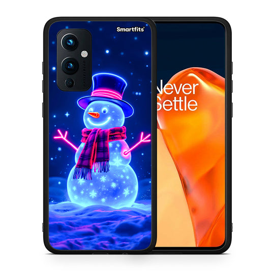 Θήκη OnePlus 9 Christmas Neon Snowman από τη Smartfits με σχέδιο στο πίσω μέρος και μαύρο περίβλημα | OnePlus 9 Christmas Neon Snowman case with colorful back and black bezels