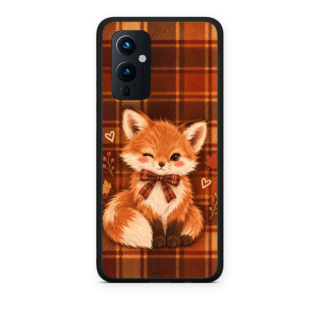 Θήκη OnePlus 9 Fox on Autumn Tartan από τη Smartfits με σχέδιο στο πίσω μέρος και μαύρο περίβλημα | OnePlus 9 Fox on Autumn Tartan case with colorful back and black bezels