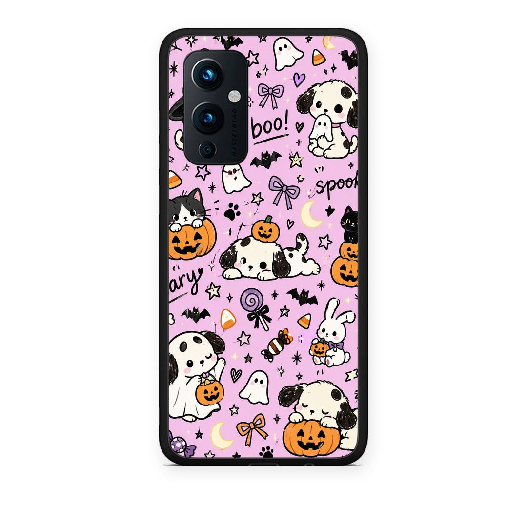 Θήκη OnePlus 9 Halloween Puppies and Friends on Lilac από τη Smartfits με σχέδιο στο πίσω μέρος και μαύρο περίβλημα | OnePlus 9 Halloween Puppies and Friends on Lilac case with colorful back and black bezels