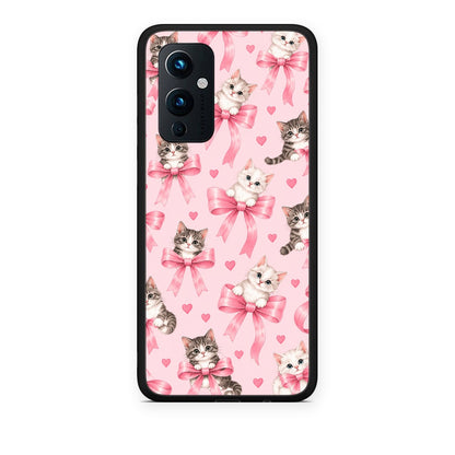 Θήκη OnePlus 9 Kittens and Pink Bows on Pink από τη Smartfits με σχέδιο στο πίσω μέρος και μαύρο περίβλημα | OnePlus 9 Kittens and Pink Bows on Pink case with colorful back and black bezels