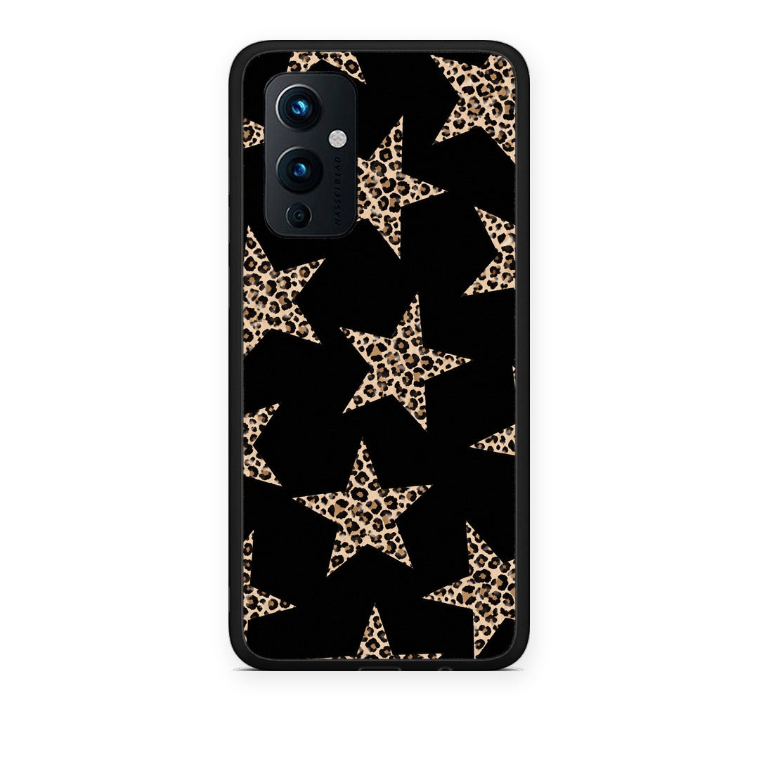 Θήκη OnePlus 9 Leopard Stars on Black από τη Smartfits με σχέδιο στο πίσω μέρος και μαύρο περίβλημα | OnePlus 9 Leopard Stars on Black case with colorful back and black bezels