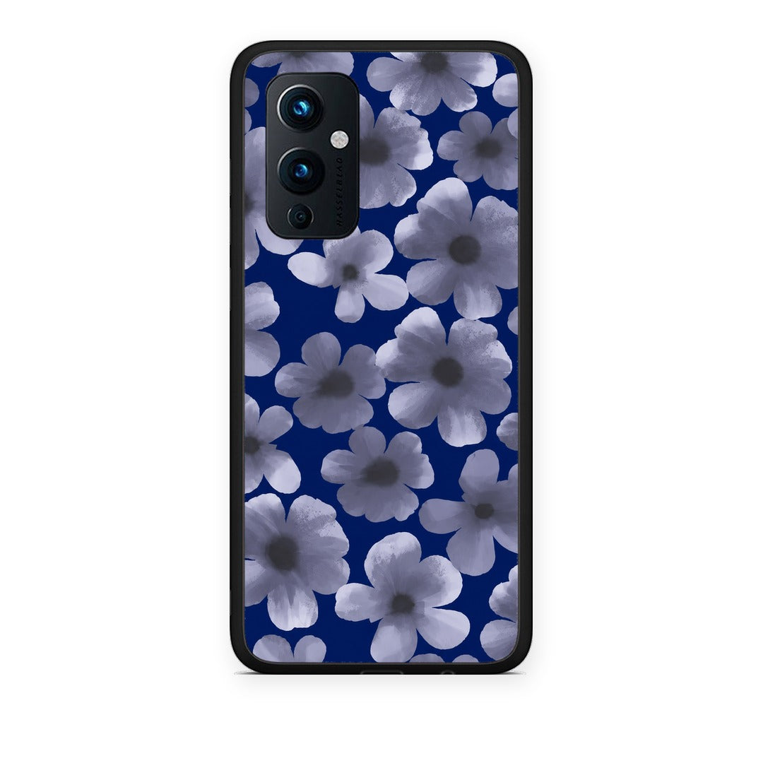 Θήκη OnePlus 9 Pale Blue Flowers on Navy από τη Smartfits με σχέδιο στο πίσω μέρος και μαύρο περίβλημα | OnePlus 9 Pale Blue Flowers on Navy case with colorful back and black bezels