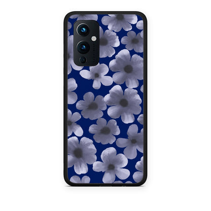 Θήκη OnePlus 9 Pale Blue Flowers on Navy από τη Smartfits με σχέδιο στο πίσω μέρος και μαύρο περίβλημα | OnePlus 9 Pale Blue Flowers on Navy case with colorful back and black bezels