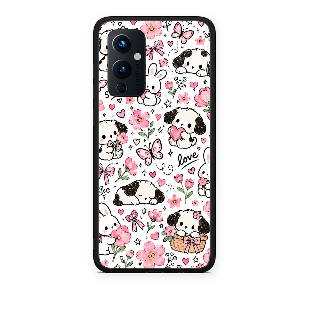Θήκη OnePlus 9 Pink Florals Puppies and Bunnies on White από τη Smartfits με σχέδιο στο πίσω μέρος και μαύρο περίβλημα | OnePlus 9 Pink Florals Puppies and Bunnies on White case with colorful back and black bezels
