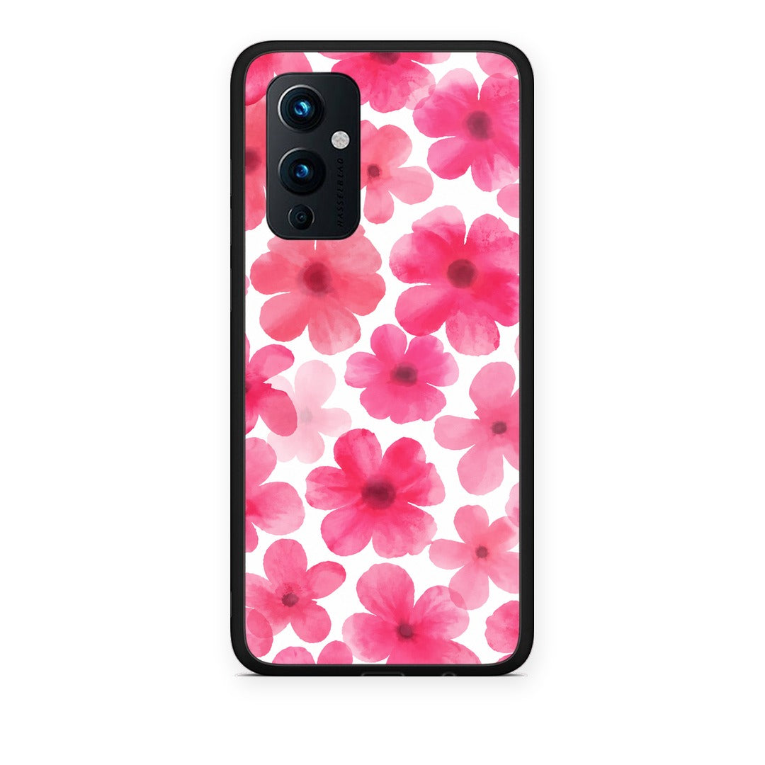 Θήκη OnePlus 9 Pink Watercolour Flowers on White από τη Smartfits με σχέδιο στο πίσω μέρος και μαύρο περίβλημα | OnePlus 9 Pink Watercolour Flowers on White case with colorful back and black bezels