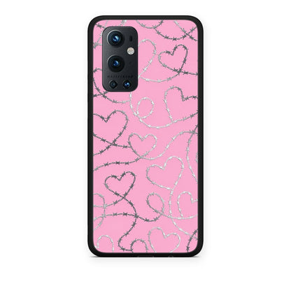 Θήκη OnePlus 9 Pro Barbed Wire Hearts on Pink από τη Smartfits με σχέδιο στο πίσω μέρος και μαύρο περίβλημα | OnePlus 9 Pro Barbed Wire Hearts on Pink case with colorful back and black bezels