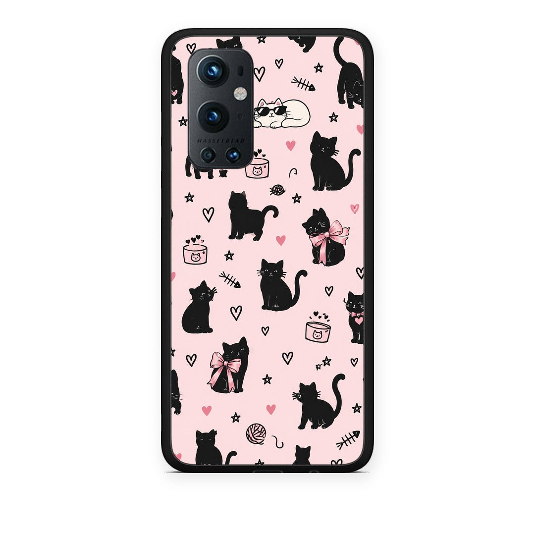 Θήκη OnePlus 9 Pro Black Cat Doodles on Pink από τη Smartfits με σχέδιο στο πίσω μέρος και μαύρο περίβλημα | OnePlus 9 Pro Black Cat Doodles on Pink case with colorful back and black bezels