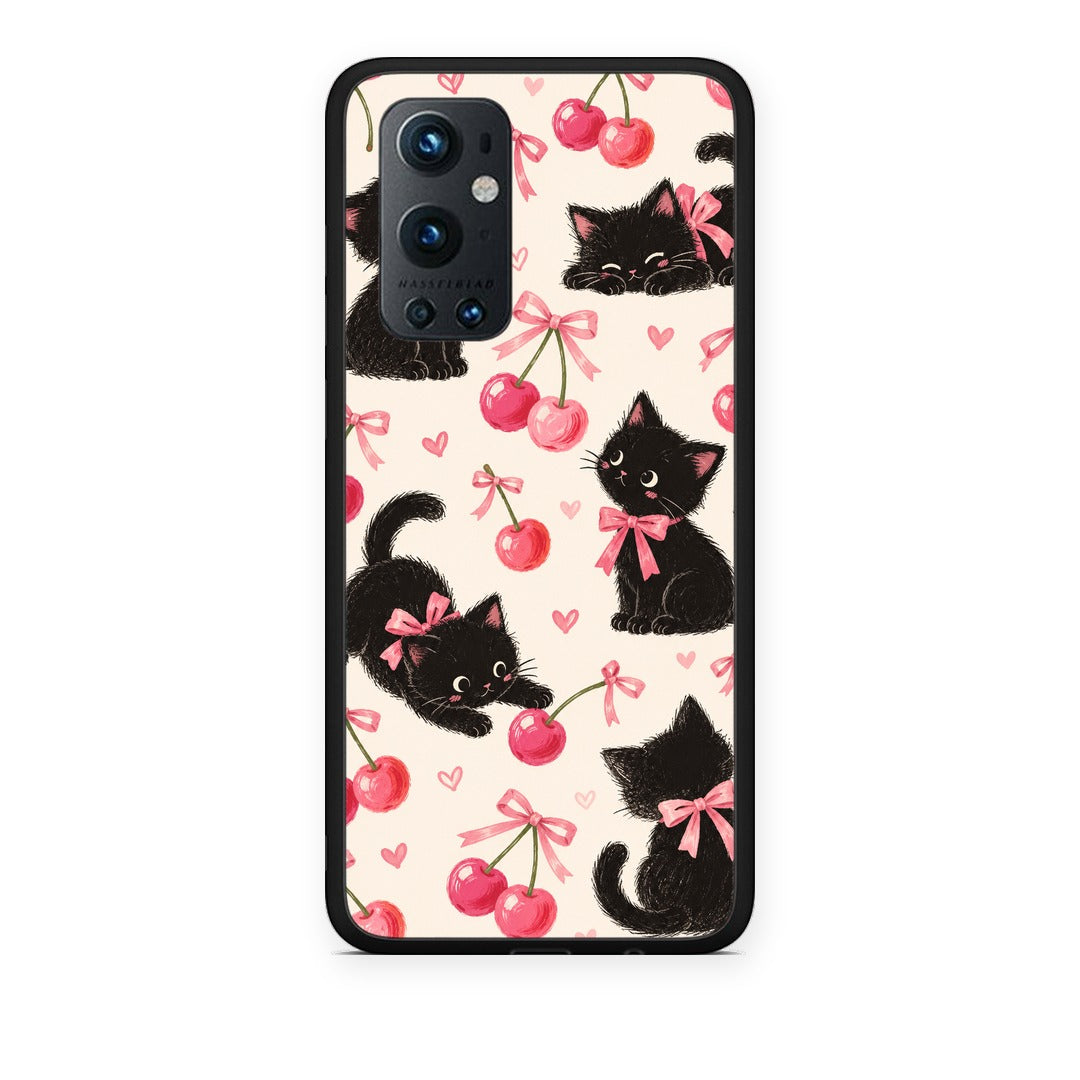 Θήκη OnePlus 9 Pro Black Kittens and Cherries on Cream από τη Smartfits με σχέδιο στο πίσω μέρος και μαύρο περίβλημα | OnePlus 9 Pro Black Kittens and Cherries on Cream case with colorful back and black bezels