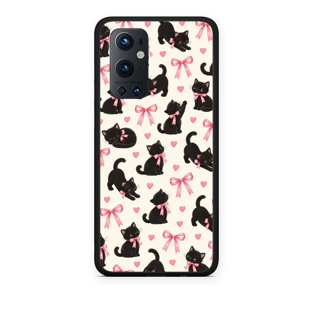 Θήκη OnePlus 9 Pro Black Kittens and Pink Bows on Cream Small από τη Smartfits με σχέδιο στο πίσω μέρος και μαύρο περίβλημα | OnePlus 9 Pro Black Kittens and Pink Bows on Cream Small case with colorful back and black bezels