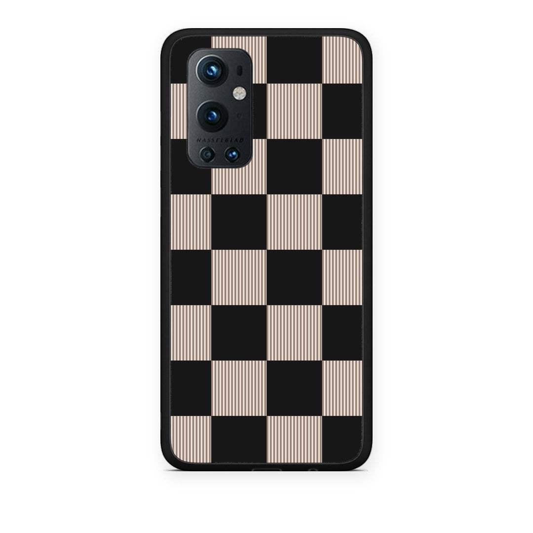 Θήκη OnePlus 9 Pro Black and Taupe Striped Checks από τη Smartfits με σχέδιο στο πίσω μέρος και μαύρο περίβλημα | OnePlus 9 Pro Black and Taupe Striped Checks case with colorful back and black bezels