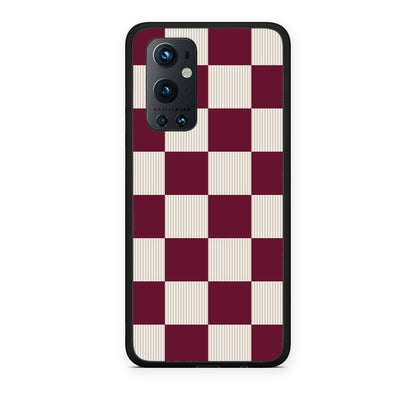 Θήκη OnePlus 9 Pro Burgundy and Cream Striped Checks από τη Smartfits με σχέδιο στο πίσω μέρος και μαύρο περίβλημα | OnePlus 9 Pro Burgundy and Cream Striped Checks case with colorful back and black bezels