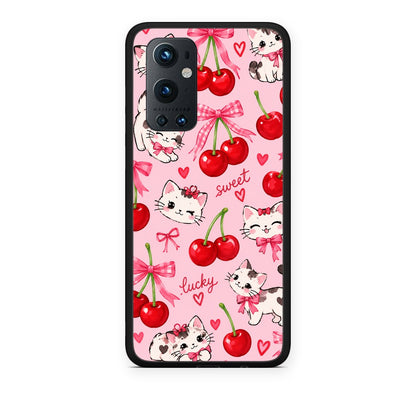 Θήκη OnePlus 9 Pro Cherries Bows and Kittens on Pink από τη Smartfits με σχέδιο στο πίσω μέρος και μαύρο περίβλημα | OnePlus 9 Pro Cherries Bows and Kittens on Pink case with colorful back and black bezels
