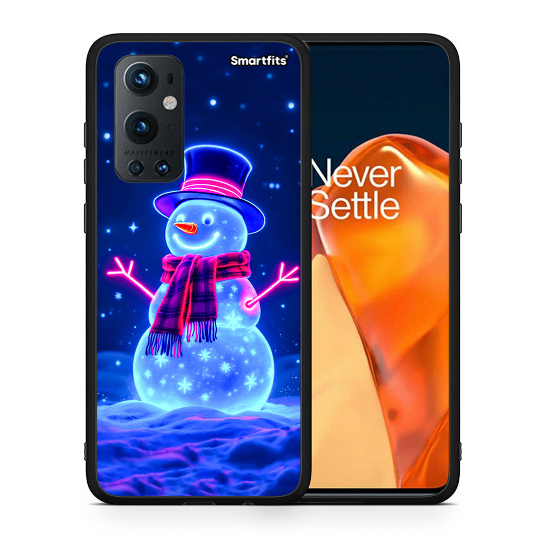 Θήκη OnePlus 9 Pro Christmas Neon Snowman από τη Smartfits με σχέδιο στο πίσω μέρος και μαύρο περίβλημα | OnePlus 9 Pro Christmas Neon Snowman case with colorful back and black bezels