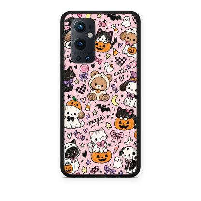 Θήκη OnePlus 9 Pro Halloween Cute Animals on Pink από τη Smartfits με σχέδιο στο πίσω μέρος και μαύρο περίβλημα | OnePlus 9 Pro Halloween Cute Animals on Pink case with colorful back and black bezels