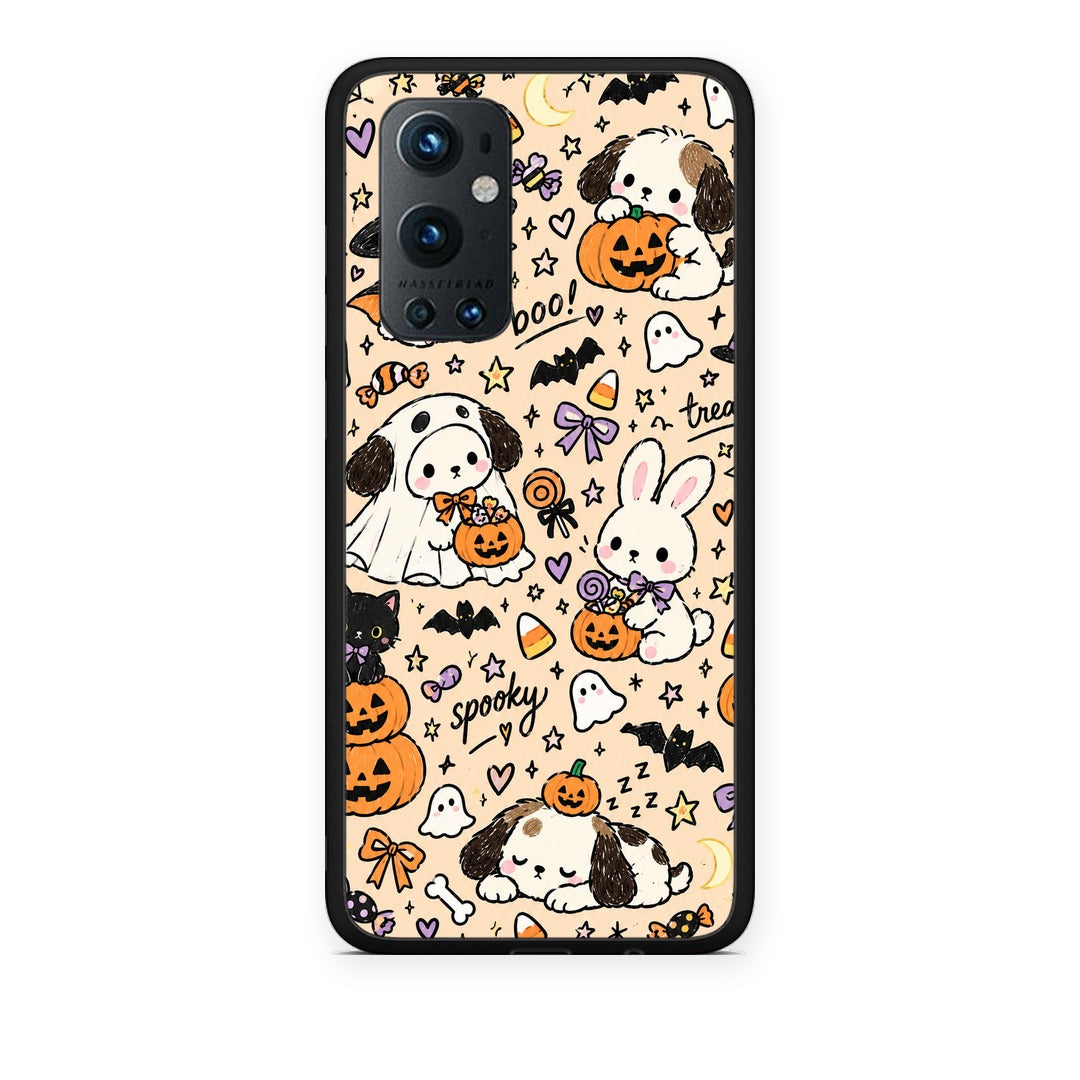 Θήκη OnePlus 9 Pro Halloween Puppies and Friends on Cream από τη Smartfits με σχέδιο στο πίσω μέρος και μαύρο περίβλημα | OnePlus 9 Pro Halloween Puppies and Friends on Cream case with colorful back and black bezels