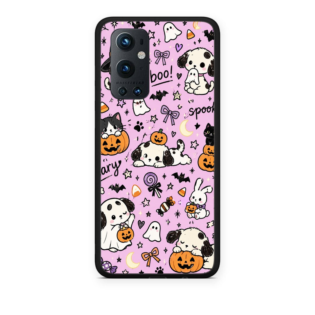 Θήκη OnePlus 9 Pro Halloween Puppies and Friends on Lilac από τη Smartfits με σχέδιο στο πίσω μέρος και μαύρο περίβλημα | OnePlus 9 Pro Halloween Puppies and Friends on Lilac case with colorful back and black bezels