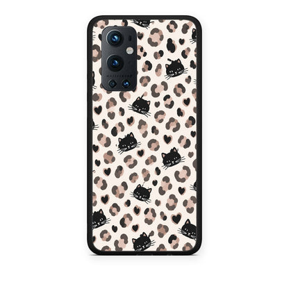 Θήκη OnePlus 9 Pro Leopard Spots and Black Cats on Cream από τη Smartfits με σχέδιο στο πίσω μέρος και μαύρο περίβλημα | OnePlus 9 Pro Leopard Spots and Black Cats on Cream case with colorful back and black bezels