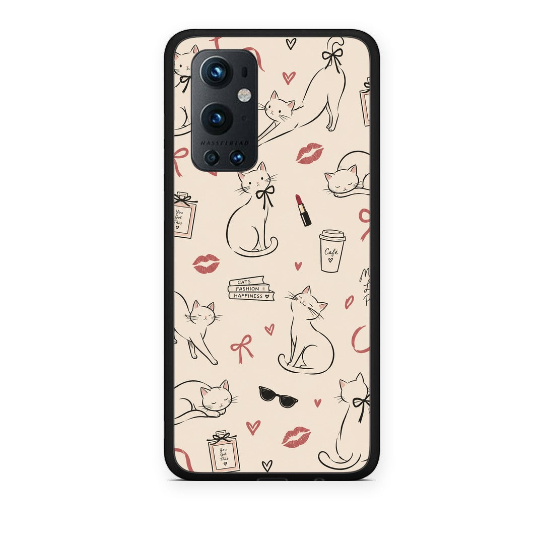 Θήκη OnePlus 9 Pro Minimal Cat and Fashion Doodles on Cream από τη Smartfits με σχέδιο στο πίσω μέρος και μαύρο περίβλημα | OnePlus 9 Pro Minimal Cat and Fashion Doodles on Cream case with colorful back and black bezels