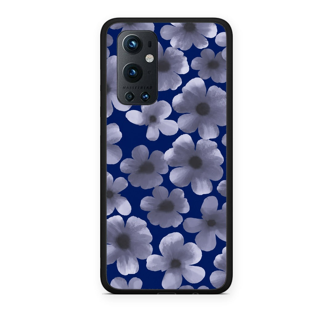 Θήκη OnePlus 9 Pro Pale Blue Flowers on Navy από τη Smartfits με σχέδιο στο πίσω μέρος και μαύρο περίβλημα | OnePlus 9 Pro Pale Blue Flowers on Navy case with colorful back and black bezels