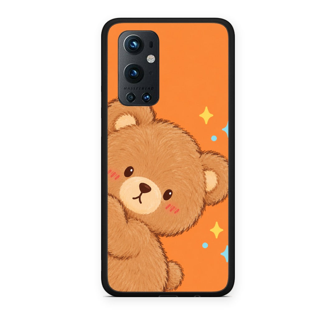 Θήκη OnePlus 9 Pro Peekaboo Teddy on Orange από τη Smartfits με σχέδιο στο πίσω μέρος και μαύρο περίβλημα | OnePlus 9 Pro Peekaboo Teddy on Orange case with colorful back and black bezels