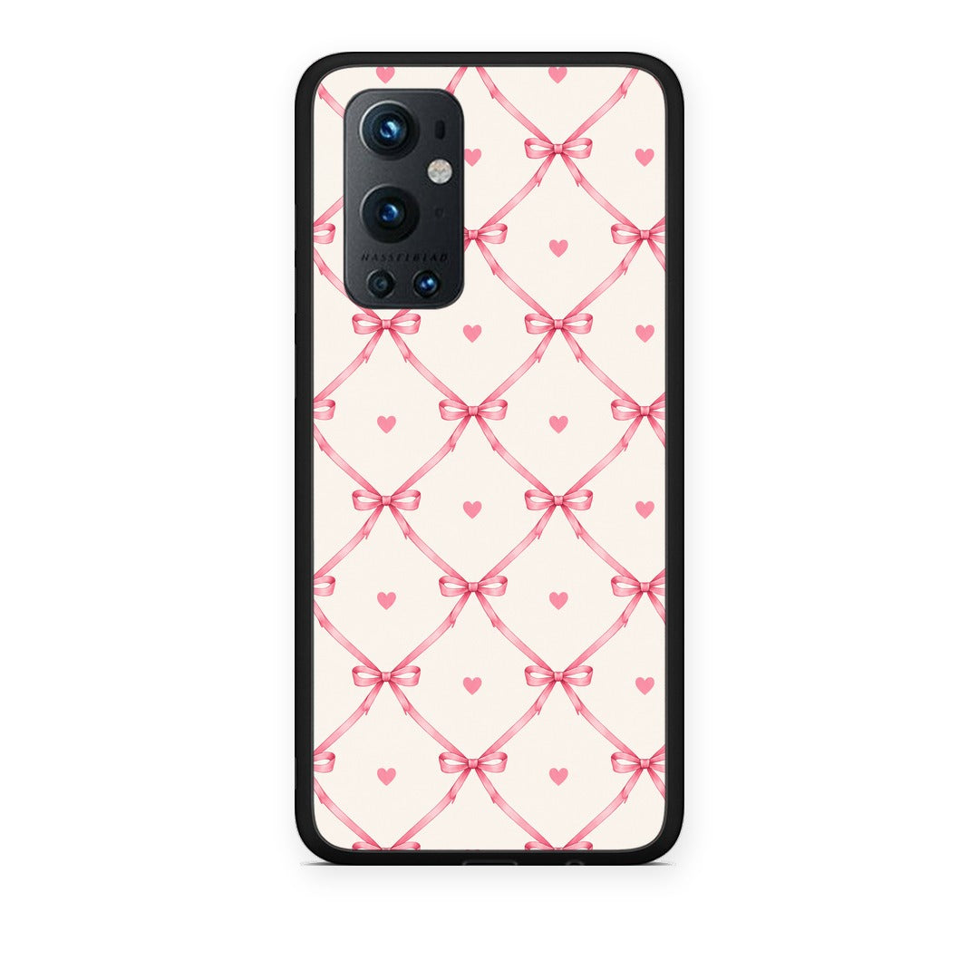 Θήκη OnePlus 9 Pro Pink Bow Lattice and Hearts on Cream από τη Smartfits με σχέδιο στο πίσω μέρος και μαύρο περίβλημα | OnePlus 9 Pro Pink Bow Lattice and Hearts on Cream case with colorful back and black bezels