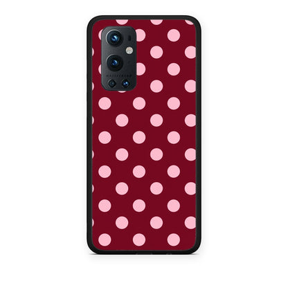 Θήκη OnePlus 9 Pro Pink Polka Dots on Burgundy από τη Smartfits με σχέδιο στο πίσω μέρος και μαύρο περίβλημα | OnePlus 9 Pro Pink Polka Dots on Burgundy case with colorful back and black bezels