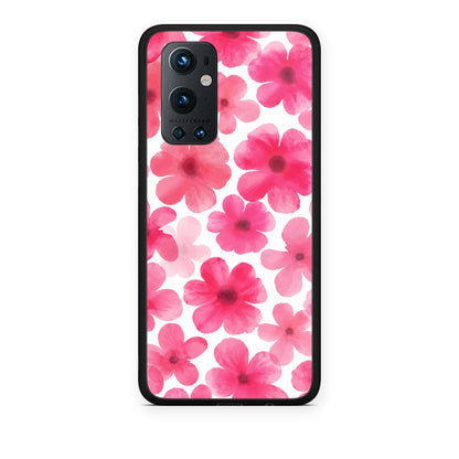 Θήκη OnePlus 9 Pro Pink Watercolour Flowers on White από τη Smartfits με σχέδιο στο πίσω μέρος και μαύρο περίβλημα | OnePlus 9 Pro Pink Watercolour Flowers on White case with colorful back and black bezels