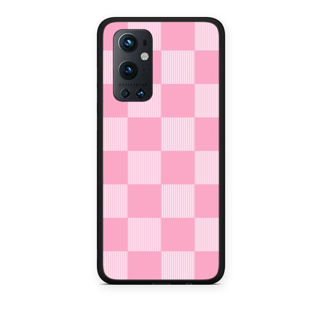 Θήκη OnePlus 9 Pro Pink and White Striped Checks από τη Smartfits με σχέδιο στο πίσω μέρος και μαύρο περίβλημα | OnePlus 9 Pro Pink and White Striped Checks case with colorful back and black bezels