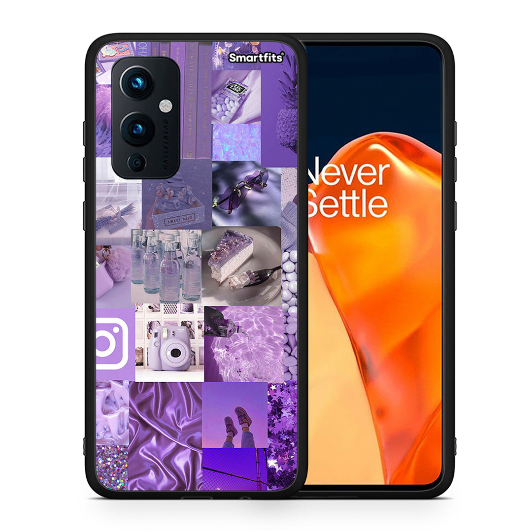 Θήκη OnePlus 9 Purple Aesthetic Collage από τη Smartfits με σχέδιο στο πίσω μέρος και μαύρο περίβλημα | OnePlus 9 Purple Aesthetic Collage case with colorful back and black bezels