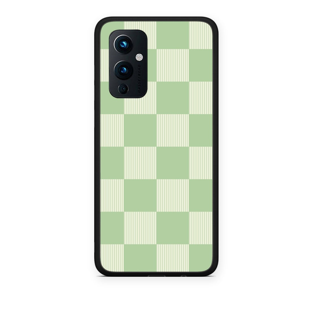 Θήκη OnePlus 9 Sage and Cream Striped Checks από τη Smartfits με σχέδιο στο πίσω μέρος και μαύρο περίβλημα | OnePlus 9 Sage and Cream Striped Checks case with colorful back and black bezels