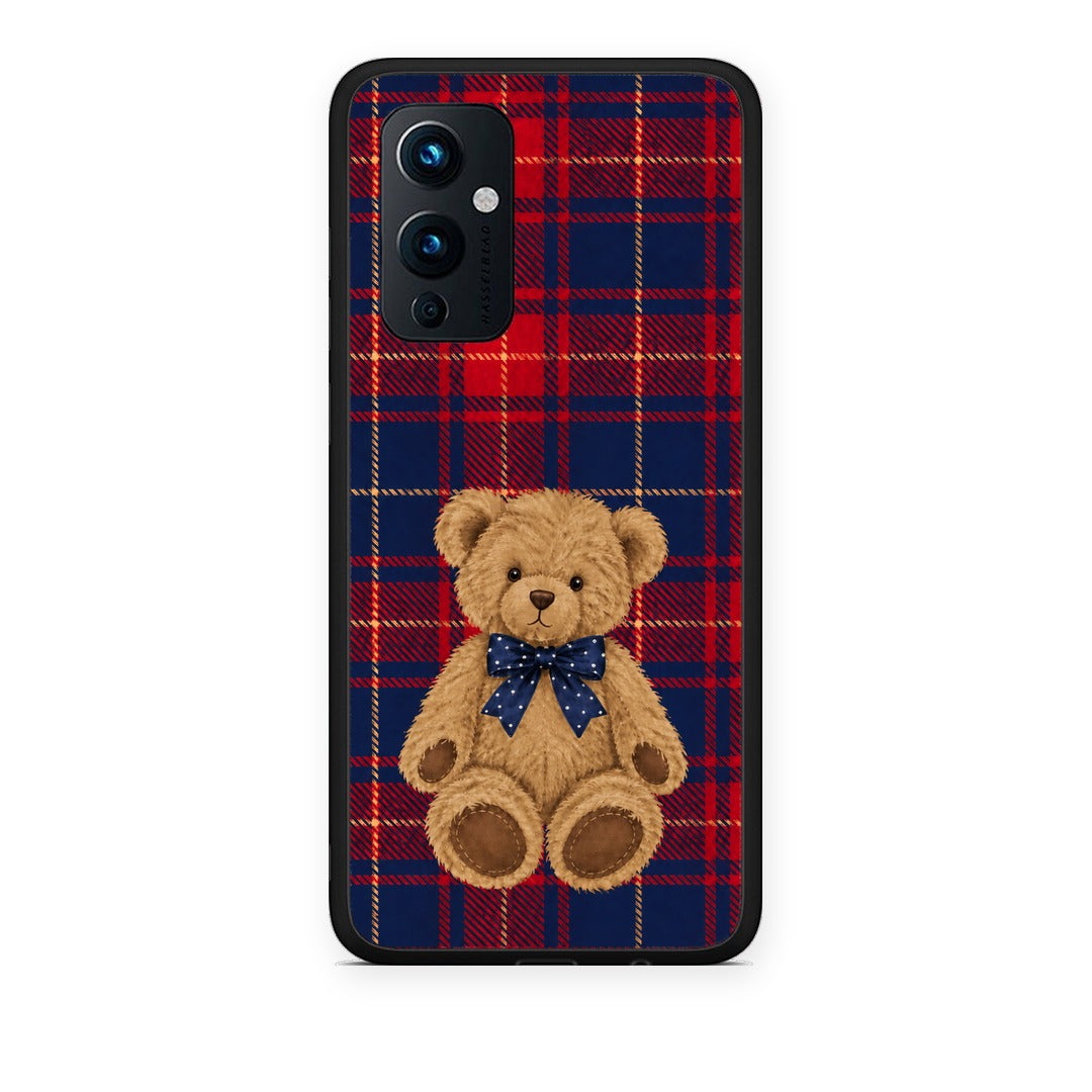 Θήκη OnePlus 9 Teddy Bear on Red and Navy Tartan από τη Smartfits με σχέδιο στο πίσω μέρος και μαύρο περίβλημα | OnePlus 9 Teddy Bear on Red and Navy Tartan case with colorful back and black bezels