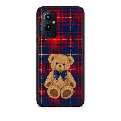 Θήκη OnePlus 9 Teddy Bear on Red and Navy Tartan από τη Smartfits με σχέδιο στο πίσω μέρος και μαύρο περίβλημα | OnePlus 9 Teddy Bear on Red and Navy Tartan case with colorful back and black bezels