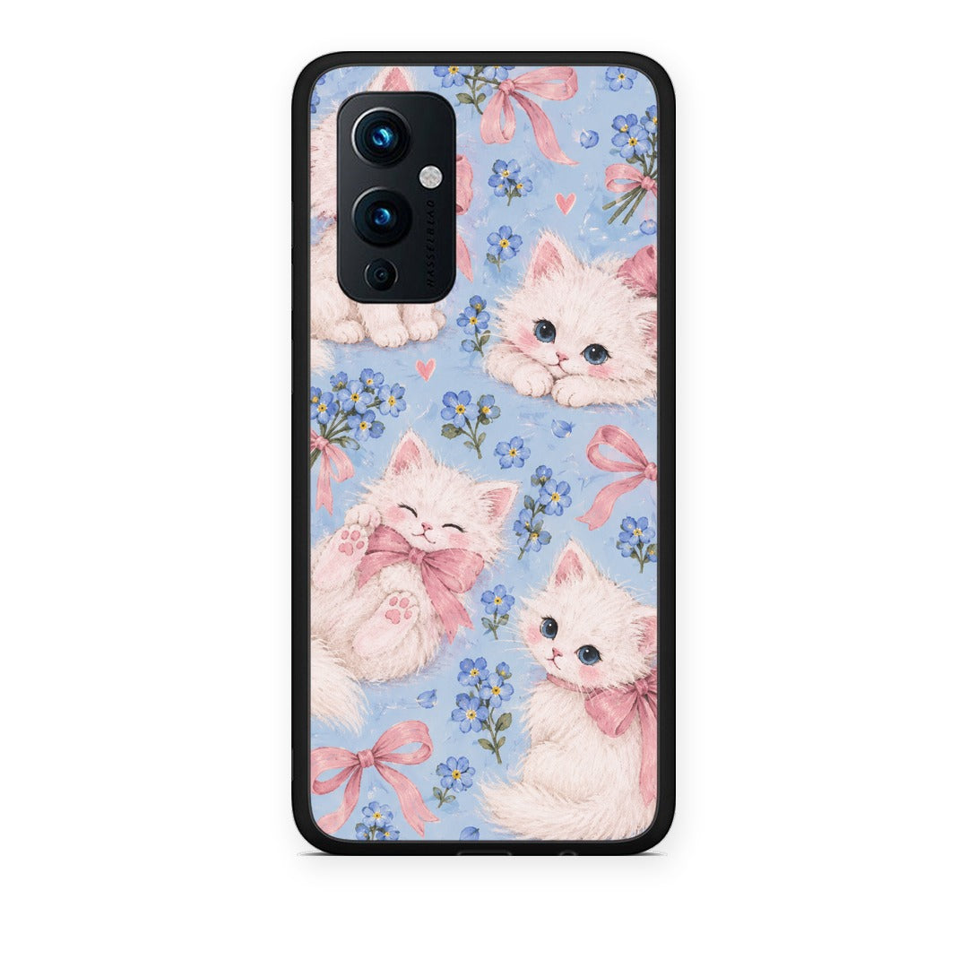 Θήκη OnePlus 9 White Kittens and Blue Flowers Large από τη Smartfits με σχέδιο στο πίσω μέρος και μαύρο περίβλημα | OnePlus 9 White Kittens and Blue Flowers Large case with colorful back and black bezels