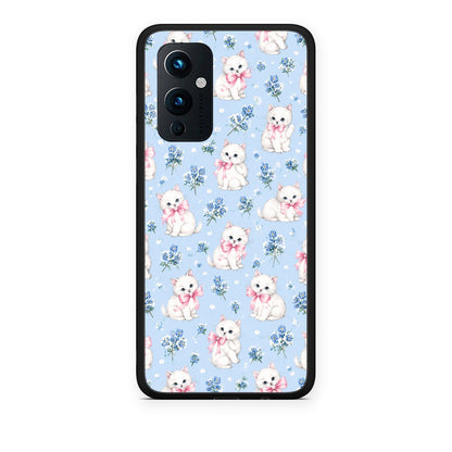 Θήκη OnePlus 9 White Kittens and Blue Flowers Small από τη Smartfits με σχέδιο στο πίσω μέρος και μαύρο περίβλημα | OnePlus 9 White Kittens and Blue Flowers Small case with colorful back and black bezels