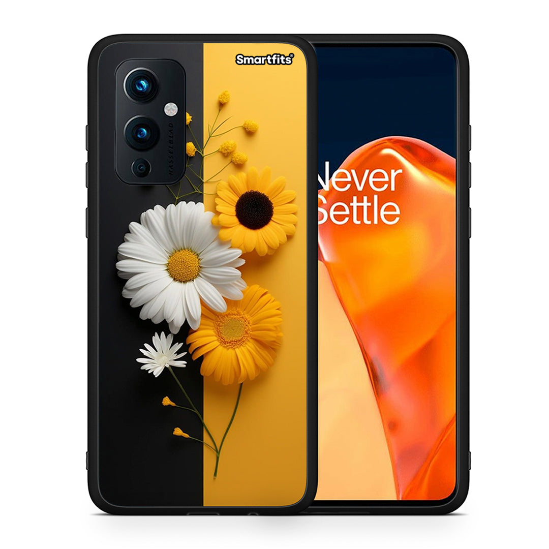 Θήκη OnePlus 9 Yellow Daisies από τη Smartfits με σχέδιο στο πίσω μέρος και μαύρο περίβλημα | OnePlus 9 Yellow Daisies case with colorful back and black bezels