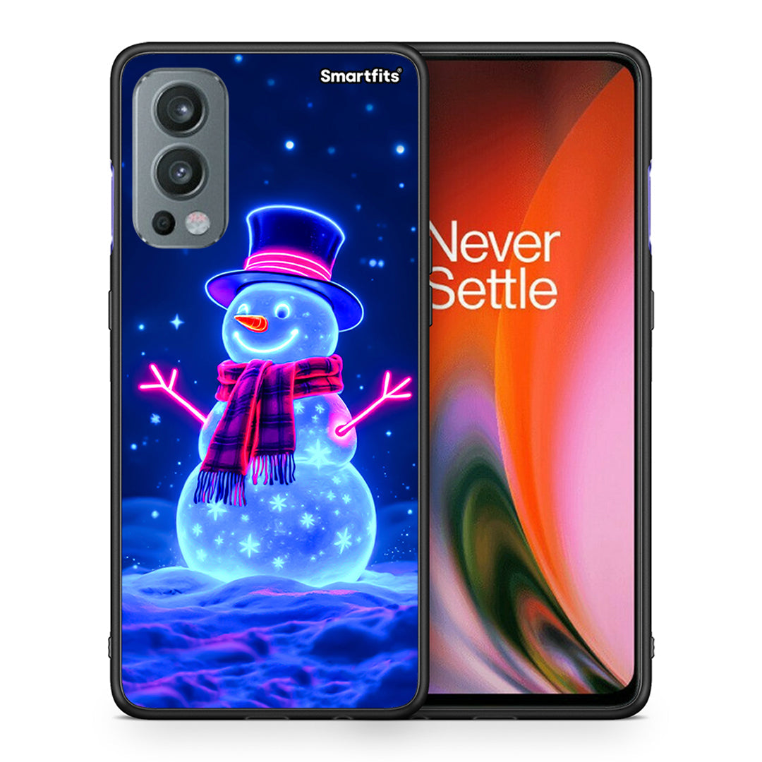 Θήκη OnePlus Nord 2 5G Christmas Neon Snowman από τη Smartfits με σχέδιο στο πίσω μέρος και μαύρο περίβλημα | OnePlus Nord 2 5G Christmas Neon Snowman case with colorful back and black bezels