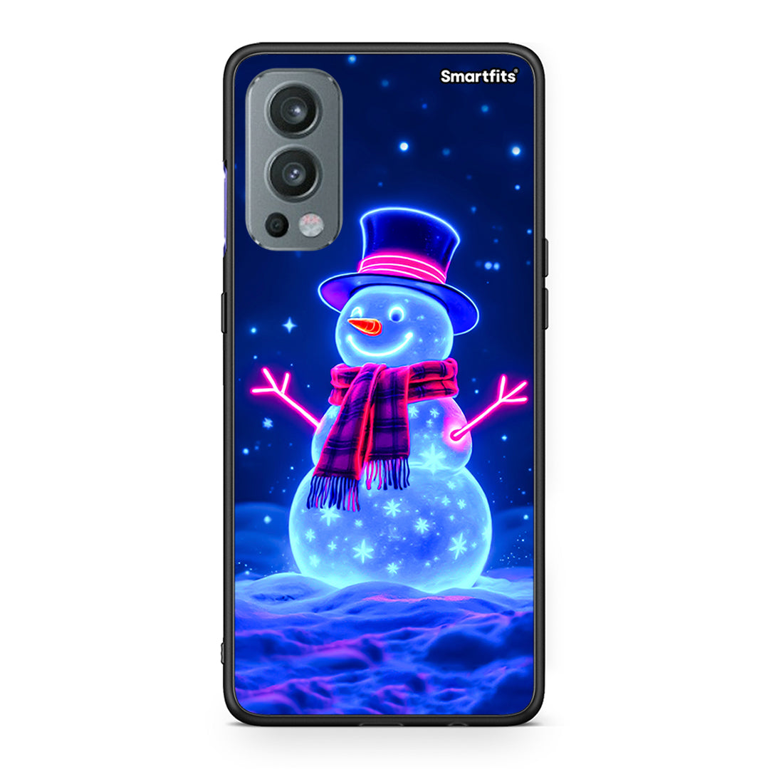 OnePlus Nord 2 5G Christmas Neon Snowman θήκη από τη Smartfits με σχέδιο στο πίσω μέρος και μαύρο περίβλημα | Smartphone case with colorful back and black bezels by Smartfits