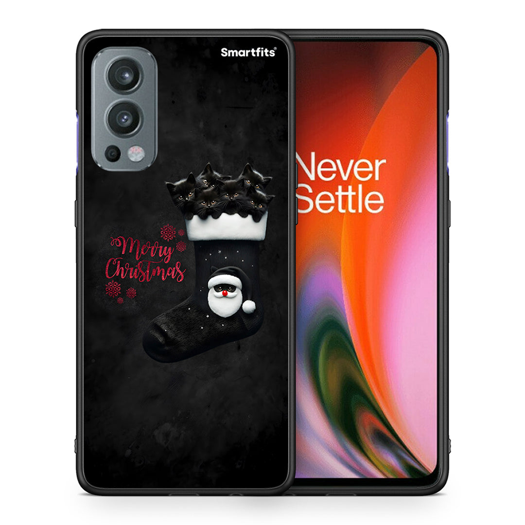 Θήκη OnePlus Nord 2 5G Merry Cat Christmas από τη Smartfits με σχέδιο στο πίσω μέρος και μαύρο περίβλημα | OnePlus Nord 2 5G Merry Cat Christmas case with colorful back and black bezels