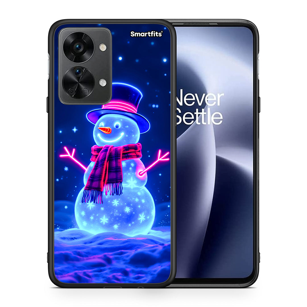Θήκη OnePlus Nord 2T Christmas Neon Snowman από τη Smartfits με σχέδιο στο πίσω μέρος και μαύρο περίβλημα | OnePlus Nord 2T Christmas Neon Snowman case with colorful back and black bezels