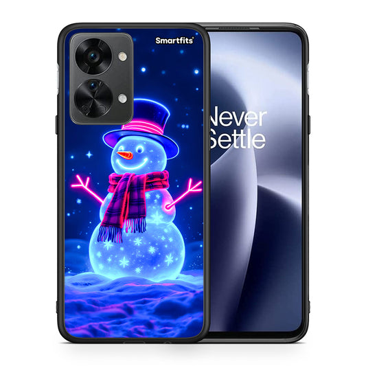 Θήκη OnePlus Nord 2T Christmas Neon Snowman από τη Smartfits με σχέδιο στο πίσω μέρος και μαύρο περίβλημα | OnePlus Nord 2T Christmas Neon Snowman case with colorful back and black bezels