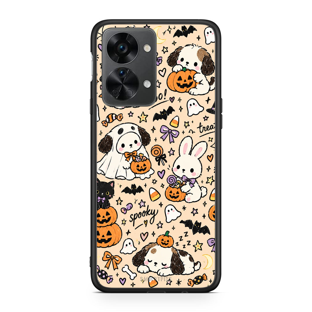 Θήκη OnePlus Nord 2T Halloween Puppies and Friends on Cream από τη Smartfits με σχέδιο στο πίσω μέρος και μαύρο περίβλημα | OnePlus Nord 2T Halloween Puppies and Friends on Cream case with colorful back and black bezels